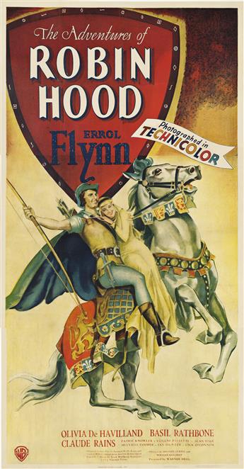 DESIGNER UNKNOWN. THE ADVENTURES OF ROBIN HOOD. Three-sheet poster. 1938. 79x41¼ inches, 200¾x104¾ cm. Continental Litho Corp., Clevela          